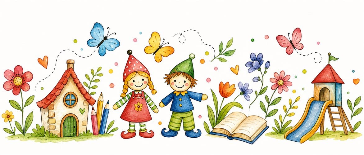 Illustratives Märchenland-Dekor mit Blumen, Buch und Spielplatz