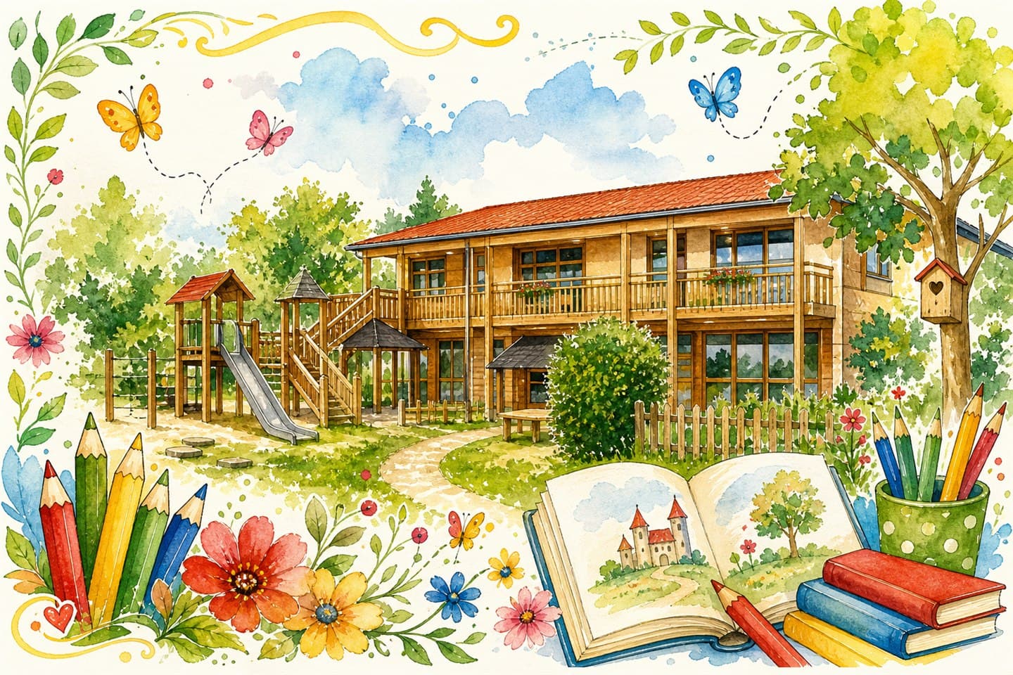 Illustration der Kita Märchenland im bunten handgemachten Stil