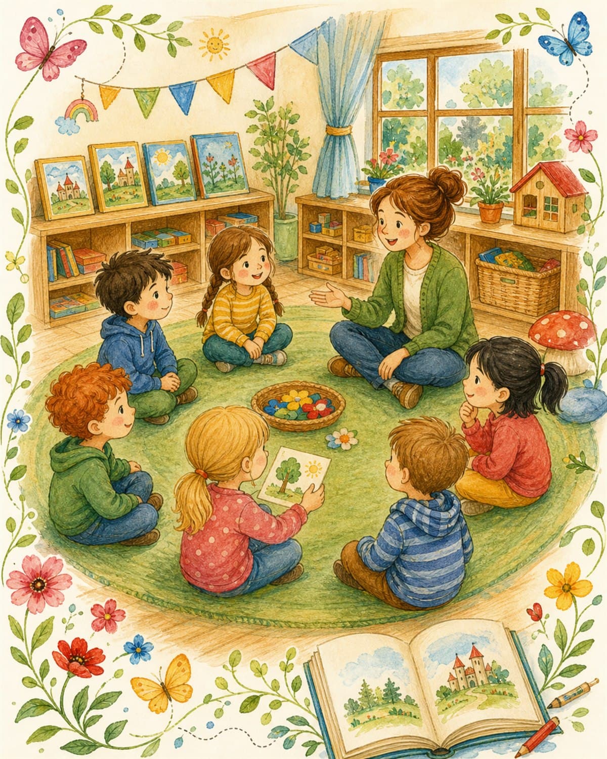 Morgenkreis mit Kindern in ruhiger Märchenland-Bildsprache.