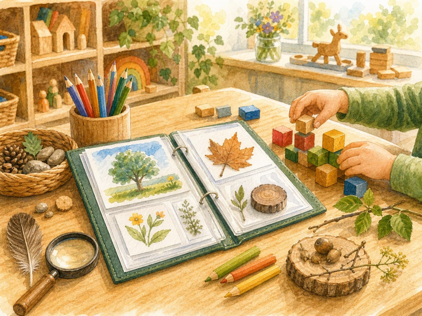 Portfolio, Naturmaterialien, Stifte und Lernmaterialien auf einem Tisch.