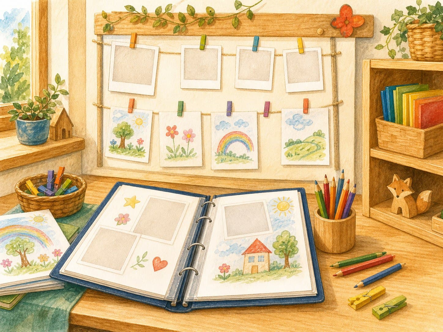 Portfolio, Bilderwand, Stifte und Kinderzeichnungen in einem Gruppenraum.