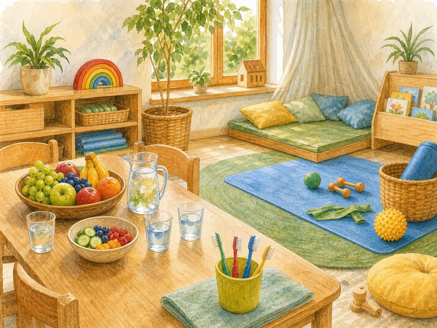 Obst, Wasser, Bewegungsmatte und Ruhekissen in einem Gruppenraum.