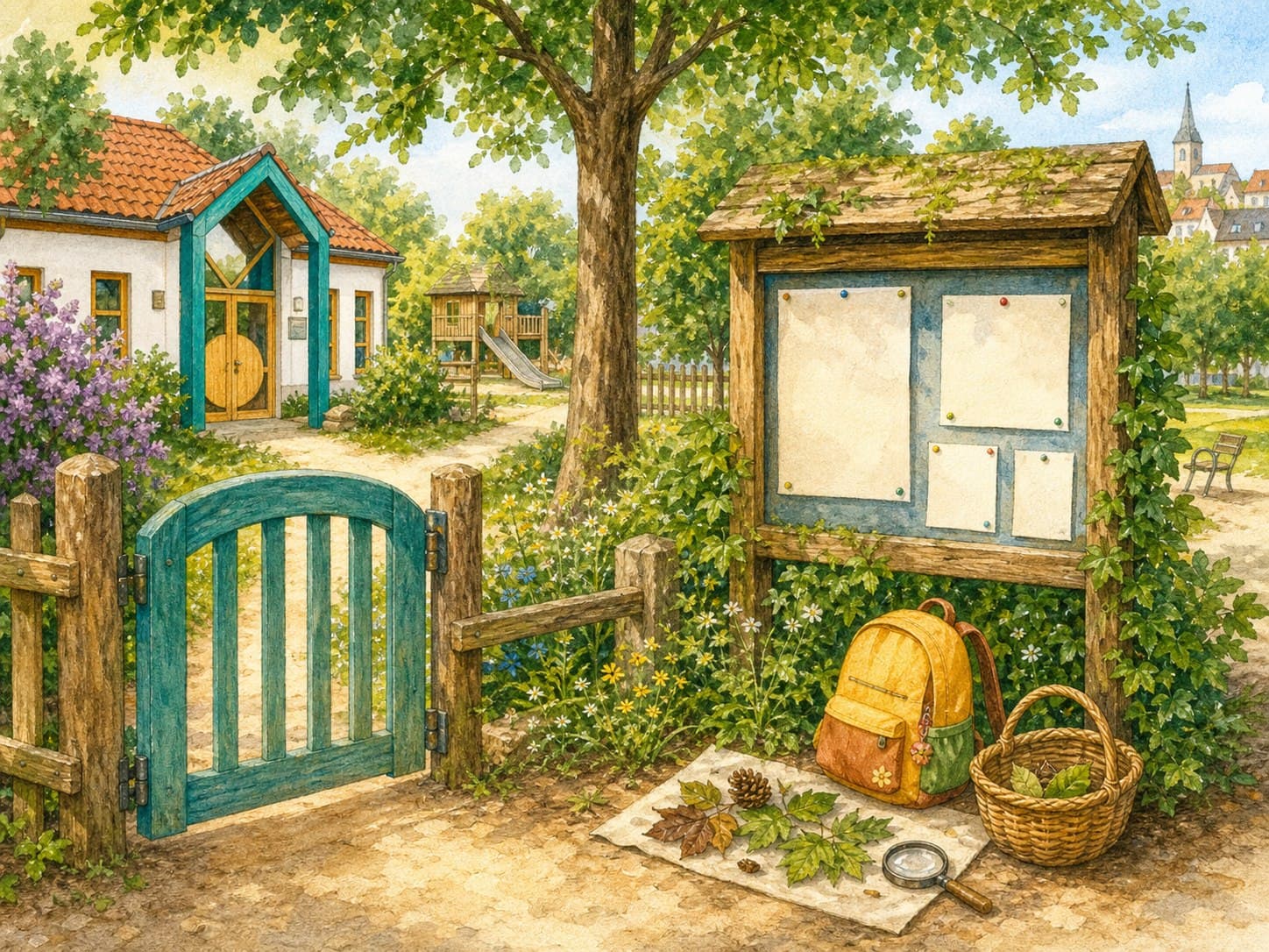 Kita-Tor, Gartenweg, Baum und Stadtteilumgebung.