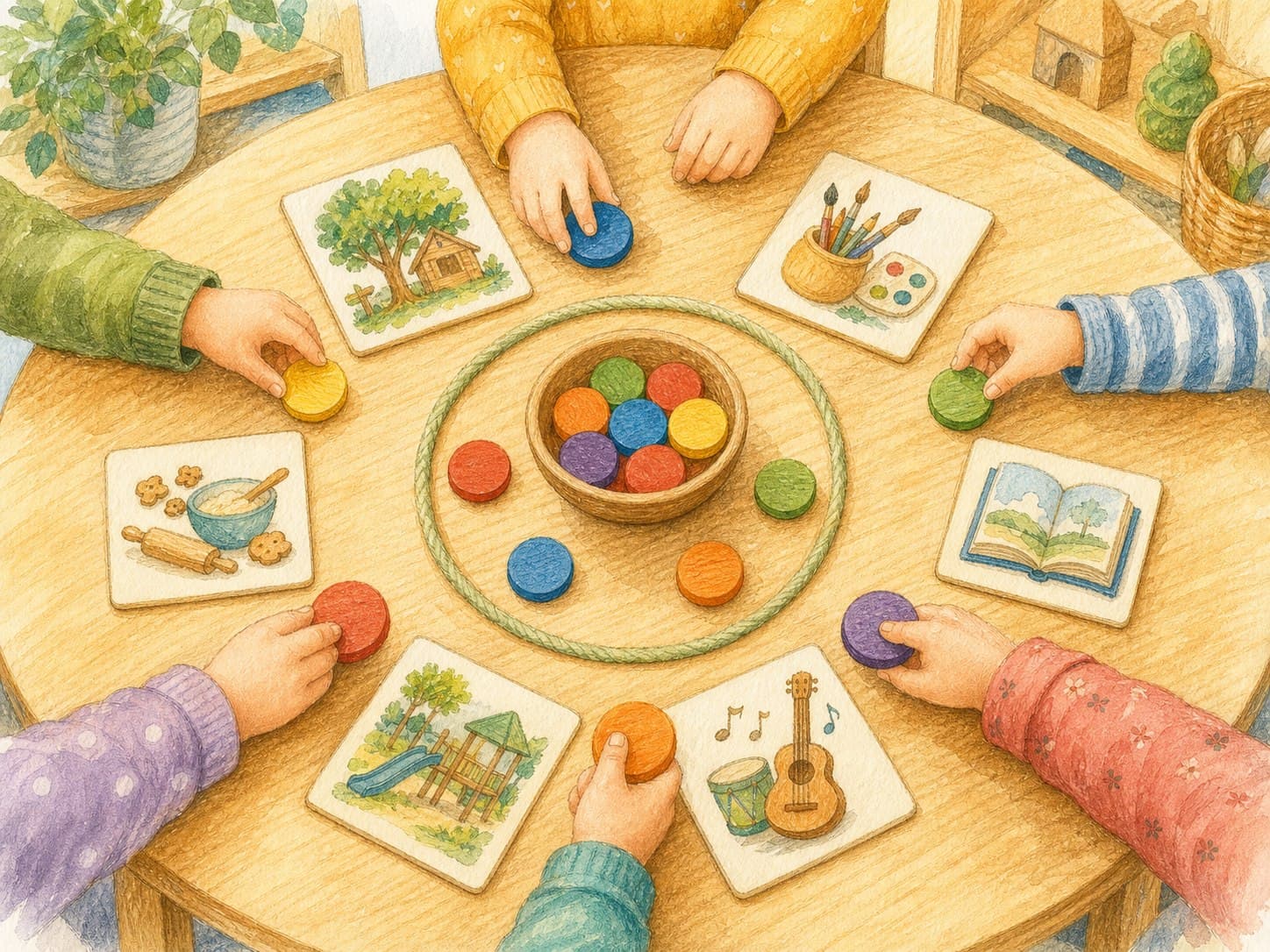 Kinderhände legen farbige Karten und Holzformen in einer Abstimmungsrunde.