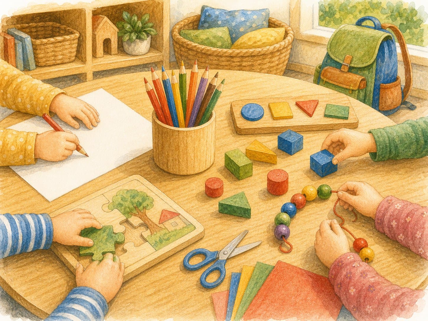 Stifte, Formen, Perlen, Papier und Vorschulmaterialien auf einem Tisch.